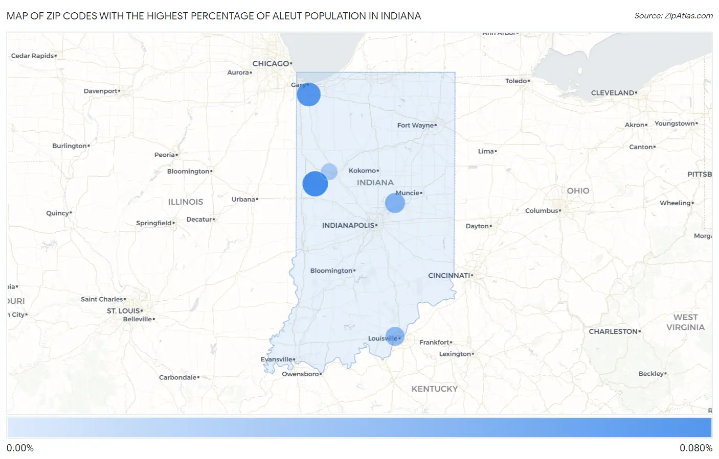 Zip Codes with the Highest Percentage of Aleut Population in Indiana Map