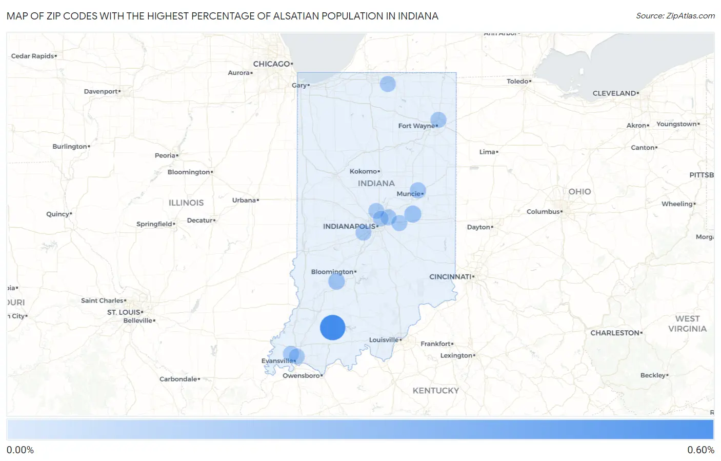 Zip Codes with the Highest Percentage of Alsatian Population in Indiana Map