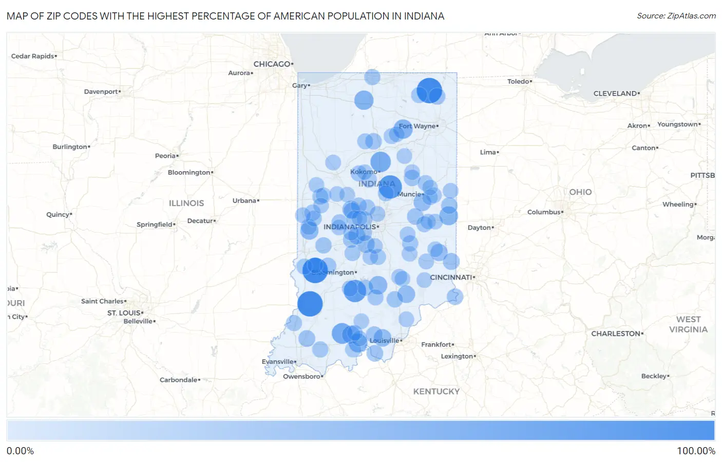 Zip Codes with the Highest Percentage of American Population in Indiana Map