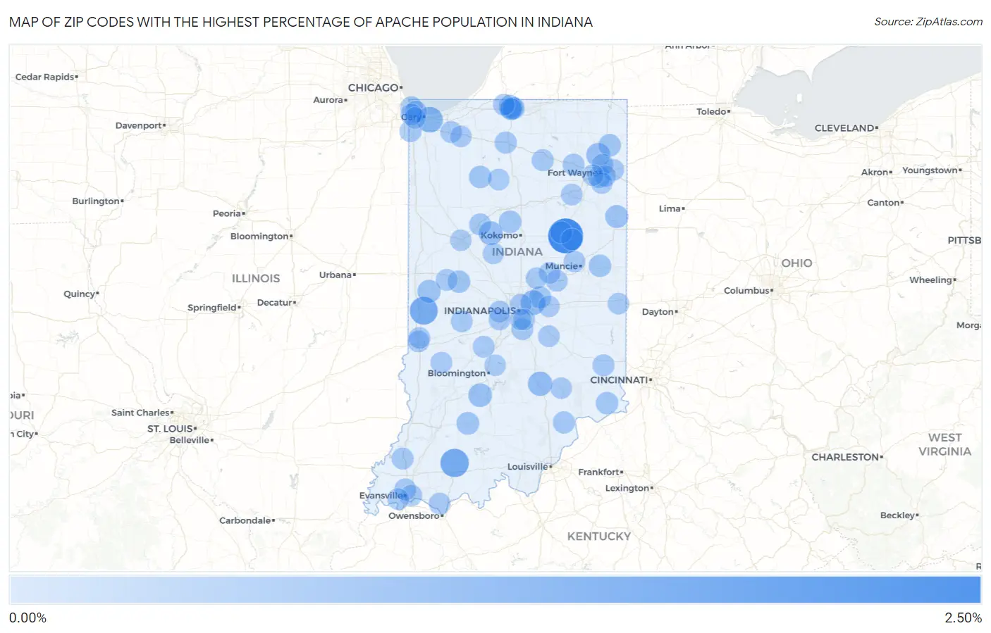 Zip Codes with the Highest Percentage of Apache Population in Indiana Map