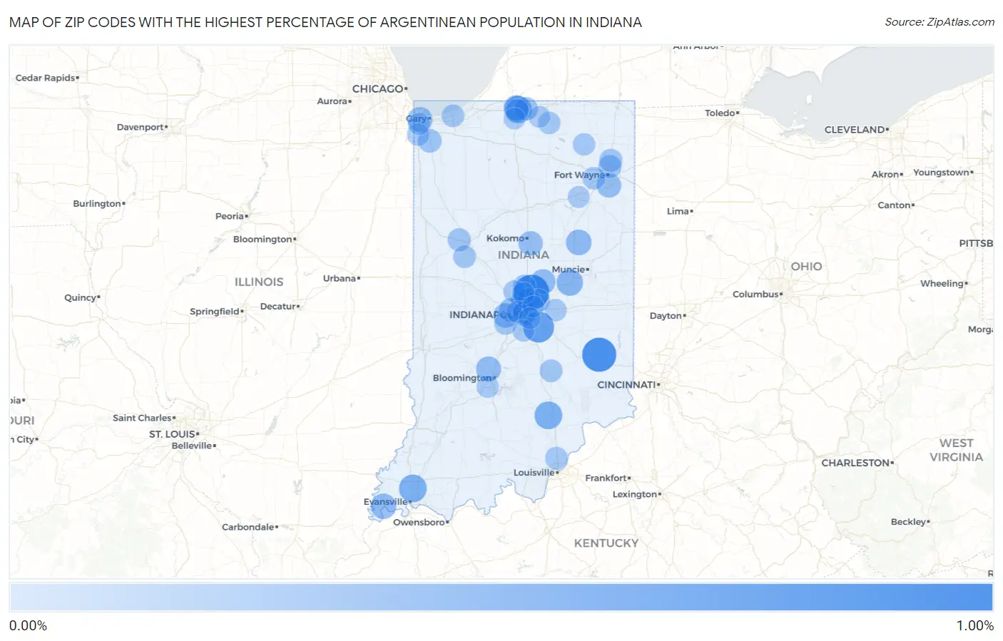 Zip Codes with the Highest Percentage of Argentinean Population in Indiana Map