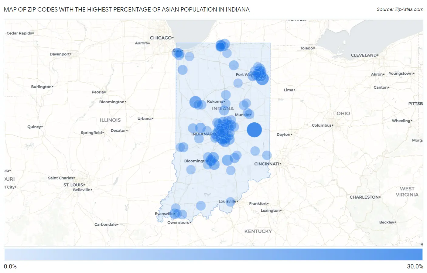 Zip Codes with the Highest Percentage of Asian Population in Indiana Map