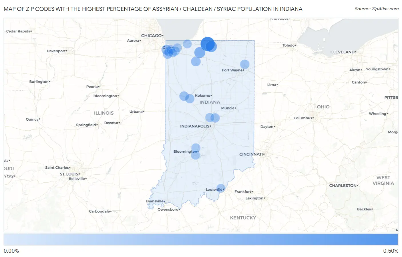 Zip Codes with the Highest Percentage of Assyrian / Chaldean / Syriac Population in Indiana Map