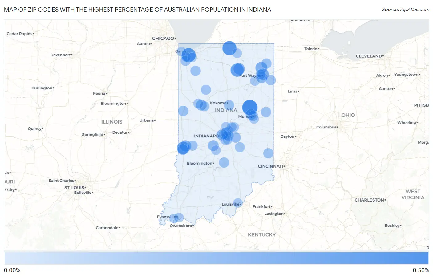 Zip Codes with the Highest Percentage of Australian Population in Indiana Map