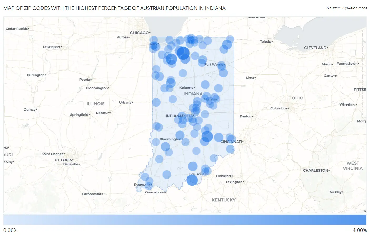 Zip Codes with the Highest Percentage of Austrian Population in Indiana Map