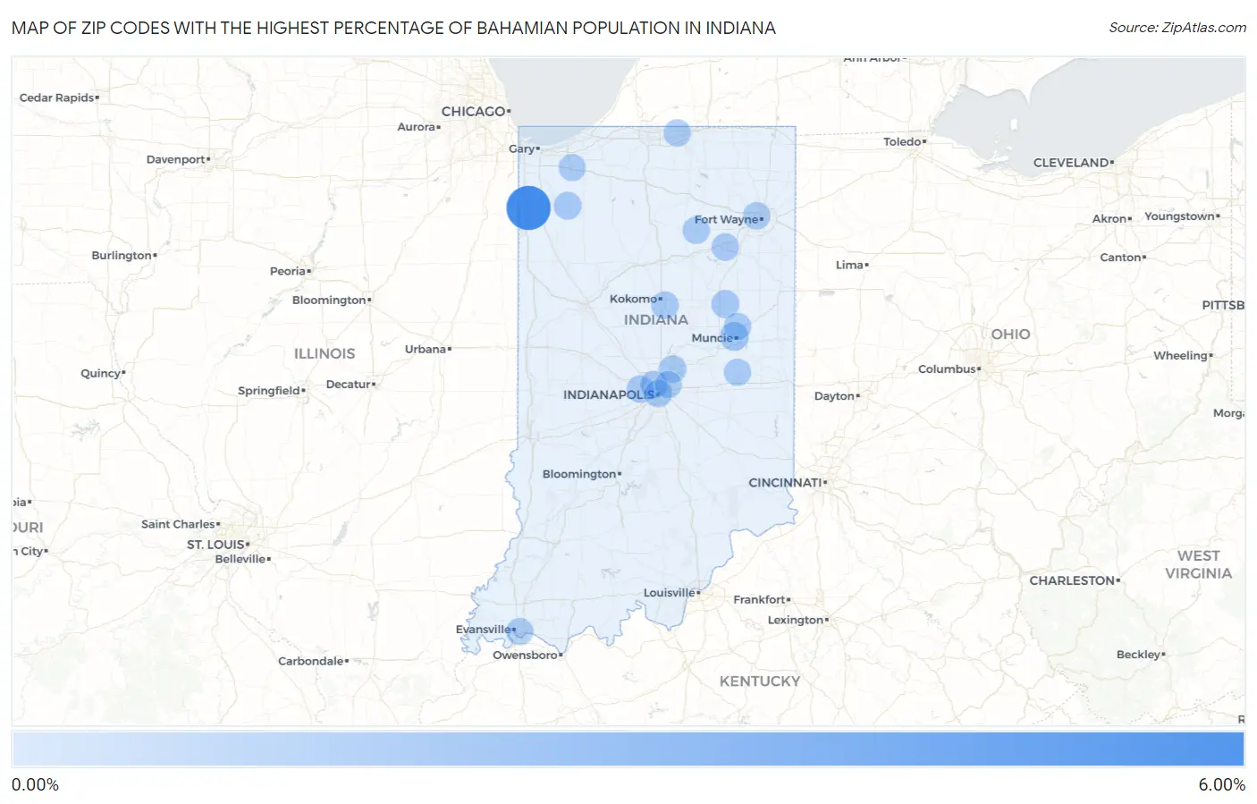 Zip Codes with the Highest Percentage of Bahamian Population in Indiana Map
