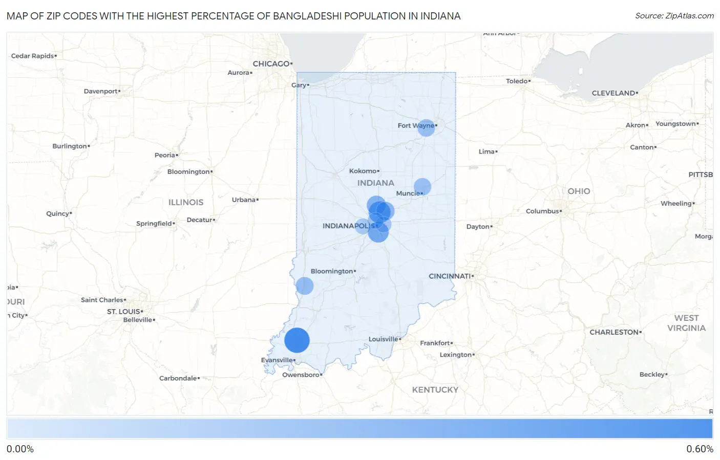 Zip Codes with the Highest Percentage of Bangladeshi Population in Indiana Map
