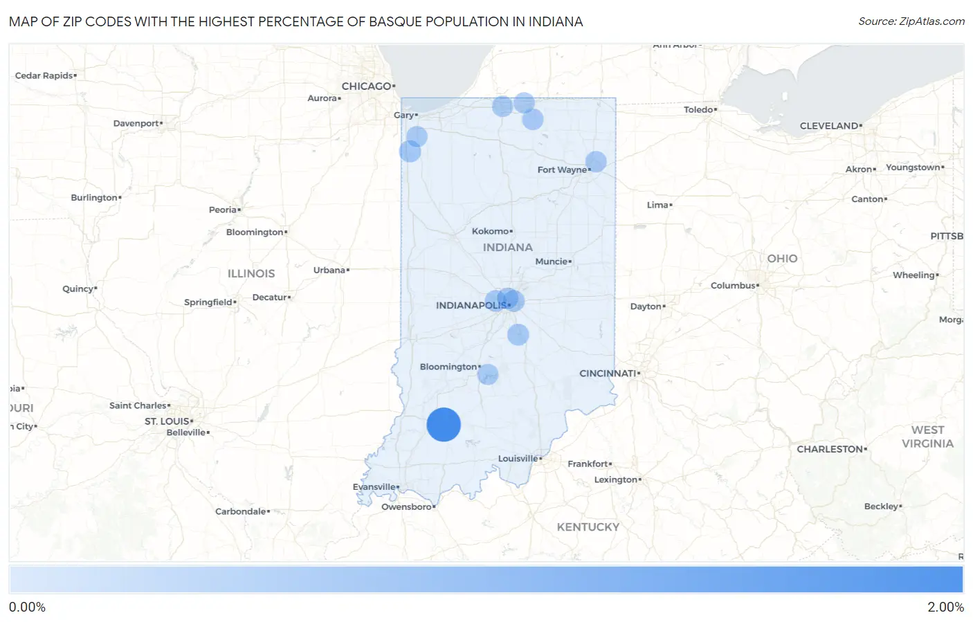 Zip Codes with the Highest Percentage of Basque Population in Indiana Map