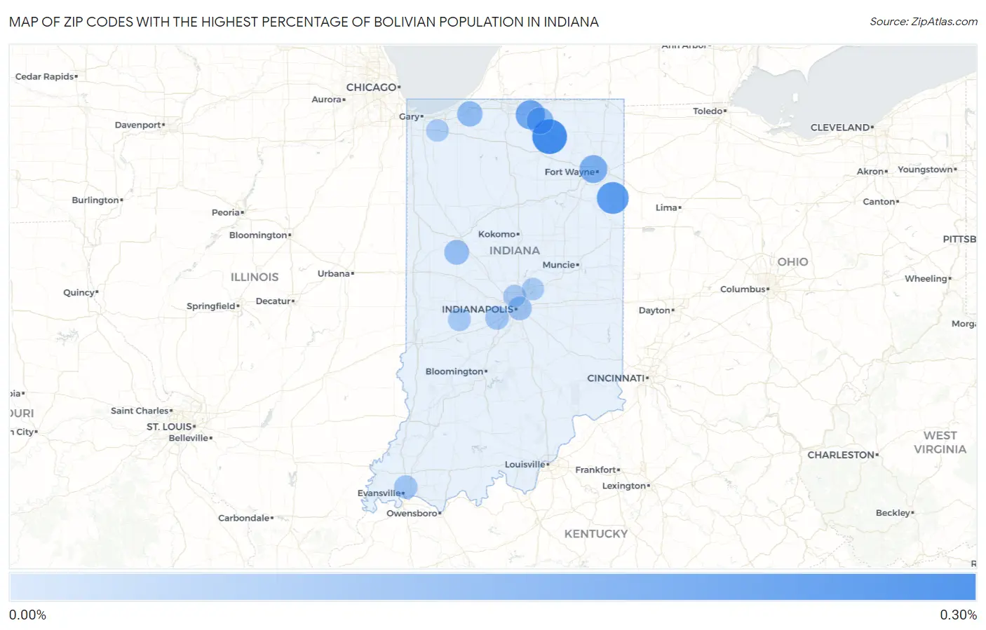 Zip Codes with the Highest Percentage of Bolivian Population in Indiana Map