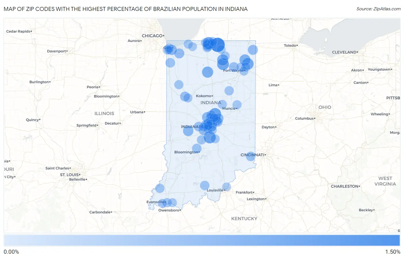 Zip Codes with the Highest Percentage of Brazilian Population in Indiana Map