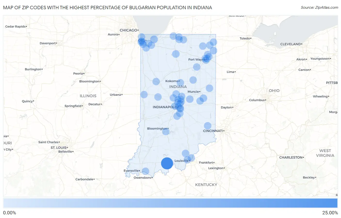 Zip Codes with the Highest Percentage of Bulgarian Population in Indiana Map