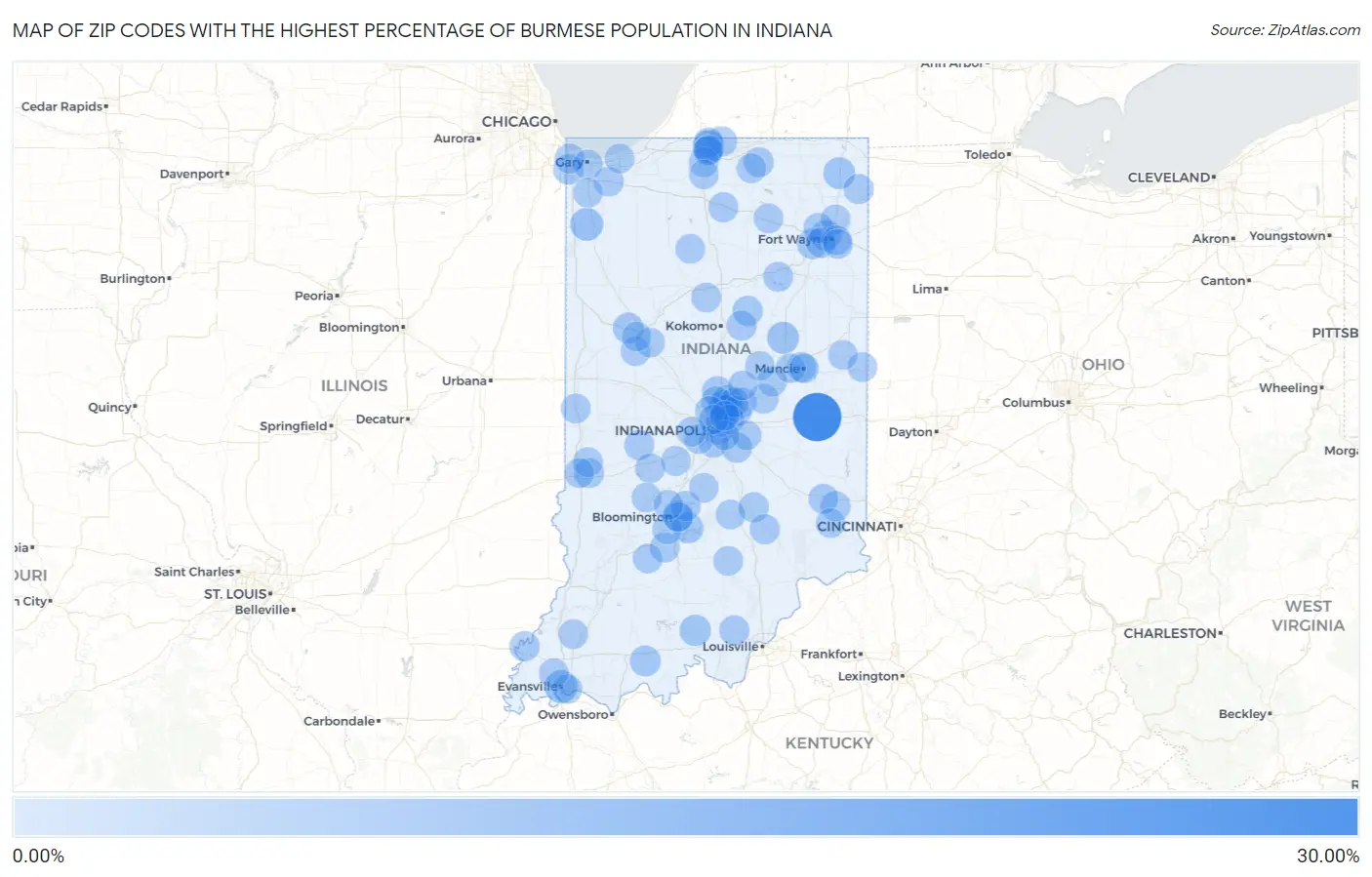 Zip Codes with the Highest Percentage of Burmese Population in Indiana Map