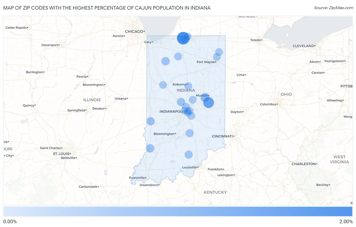 Zip Codes with the Highest Percentage of Cajun Population in Indiana Map