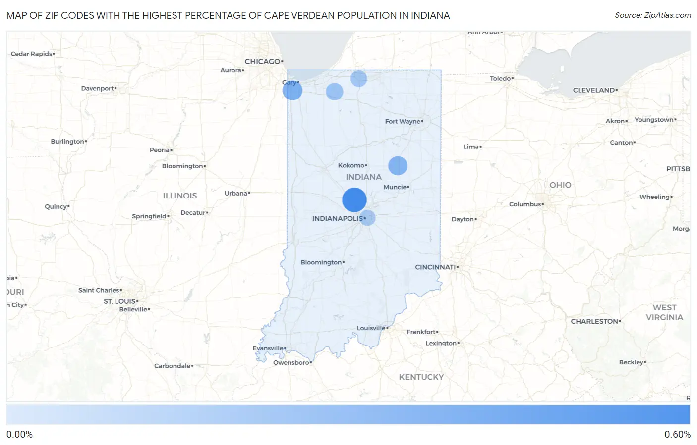Zip Codes with the Highest Percentage of Cape Verdean Population in Indiana Map