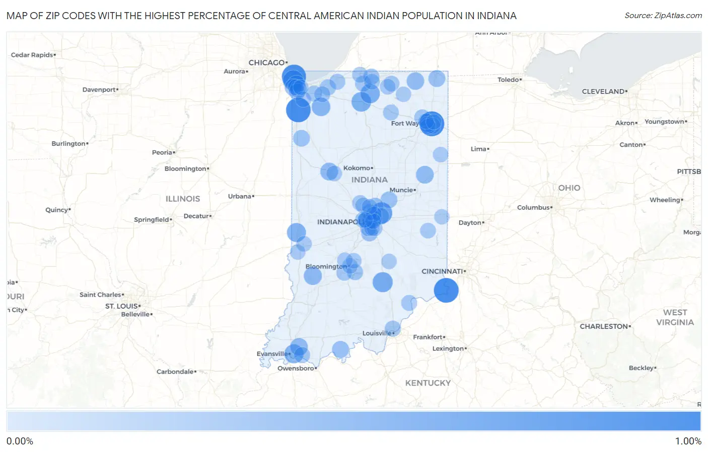 Zip Codes with the Highest Percentage of Central American Indian Population in Indiana Map