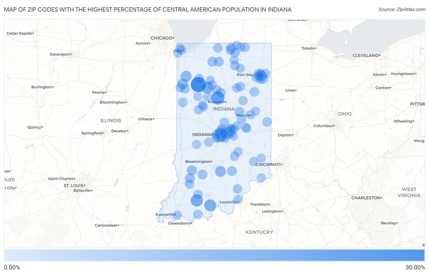 Zip Codes with the Highest Percentage of Central American Population in Indiana Map