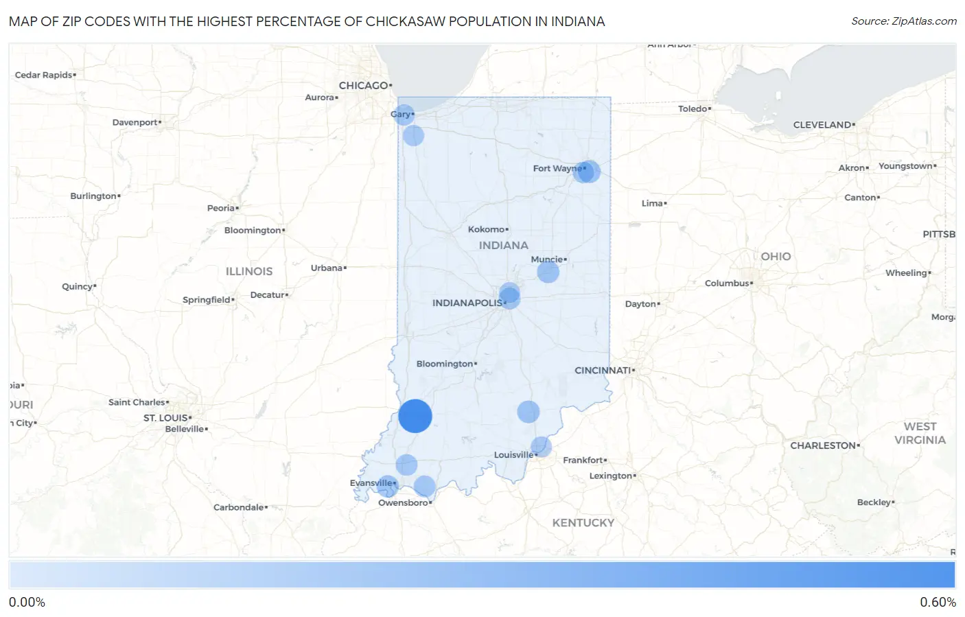 Zip Codes with the Highest Percentage of Chickasaw Population in Indiana Map
