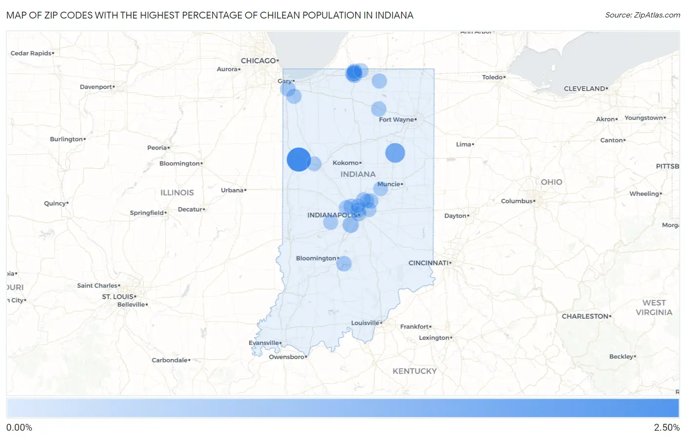 Zip Codes with the Highest Percentage of Chilean Population in Indiana Map