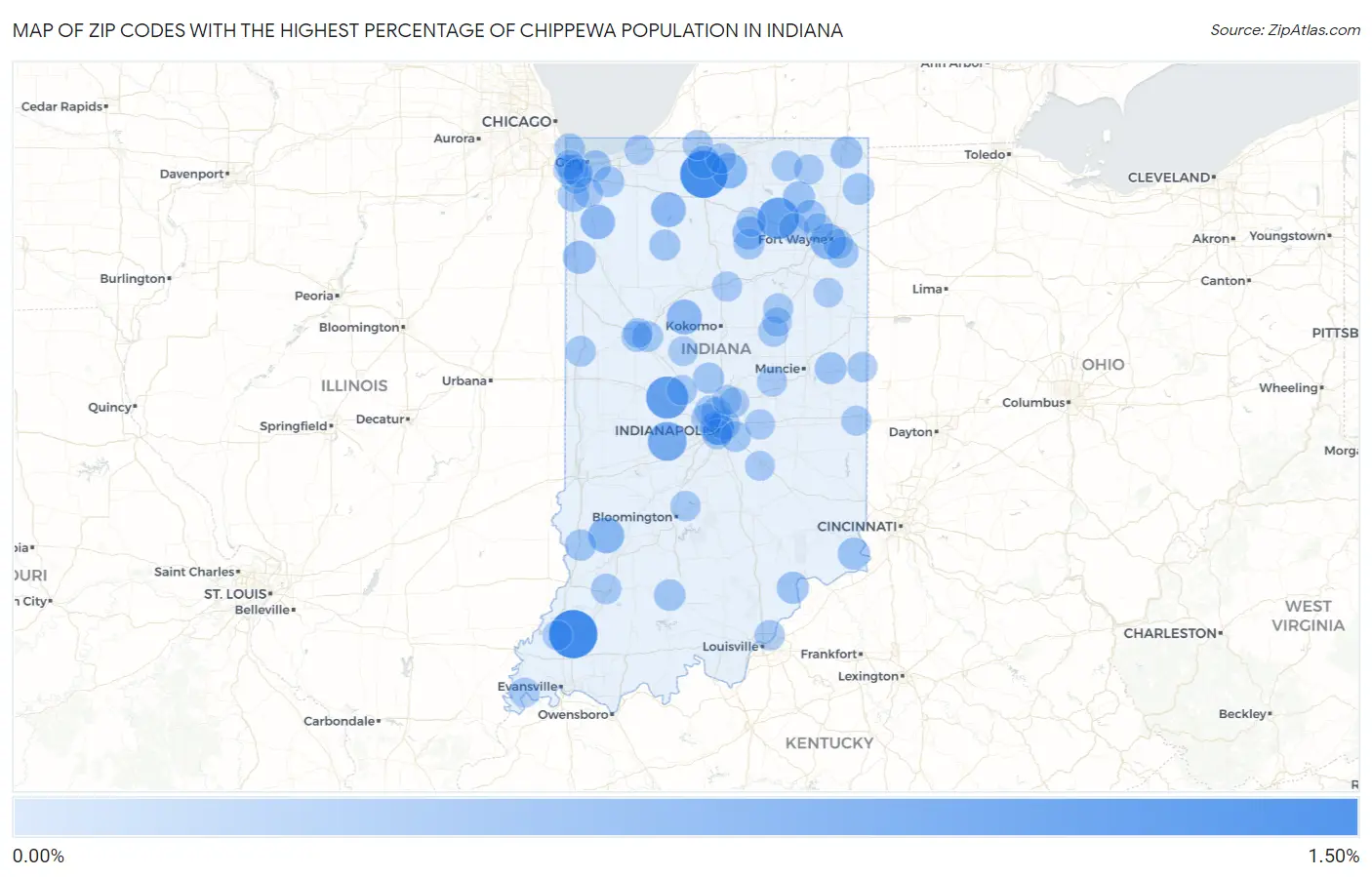 Zip Codes with the Highest Percentage of Chippewa Population in Indiana Map