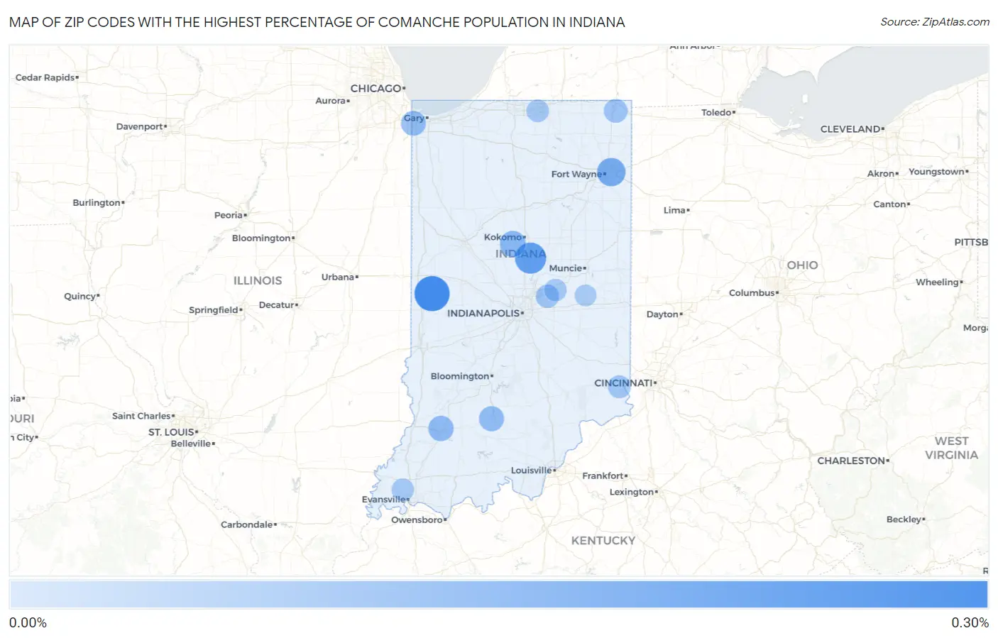 Zip Codes with the Highest Percentage of Comanche Population in Indiana Map