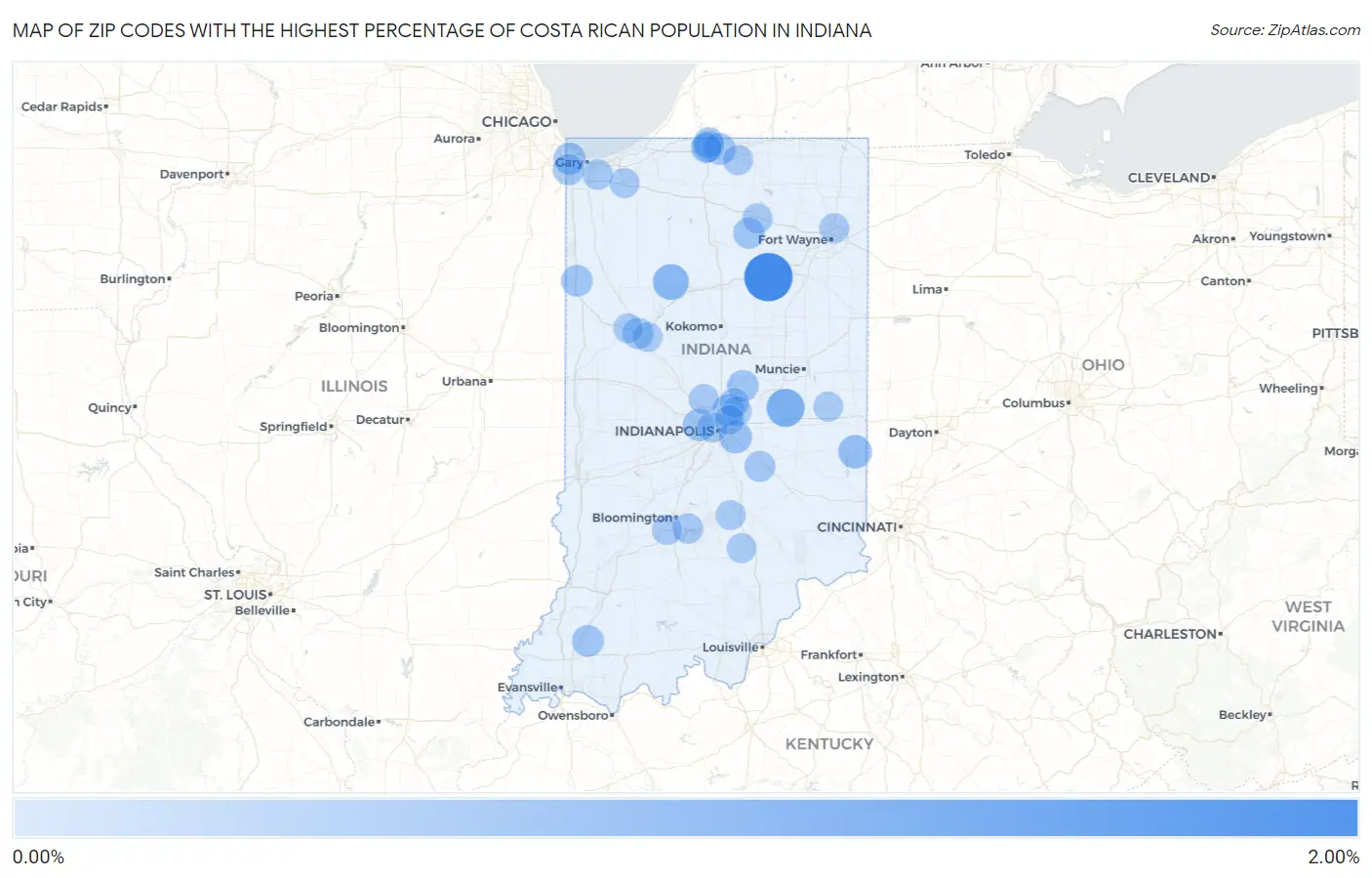 Zip Codes with the Highest Percentage of Costa Rican Population in Indiana Map