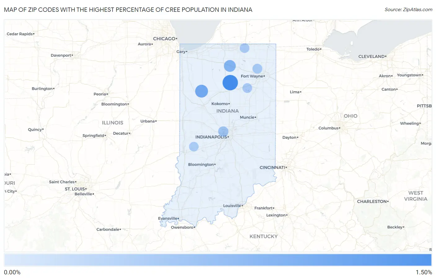 Zip Codes with the Highest Percentage of Cree Population in Indiana Map