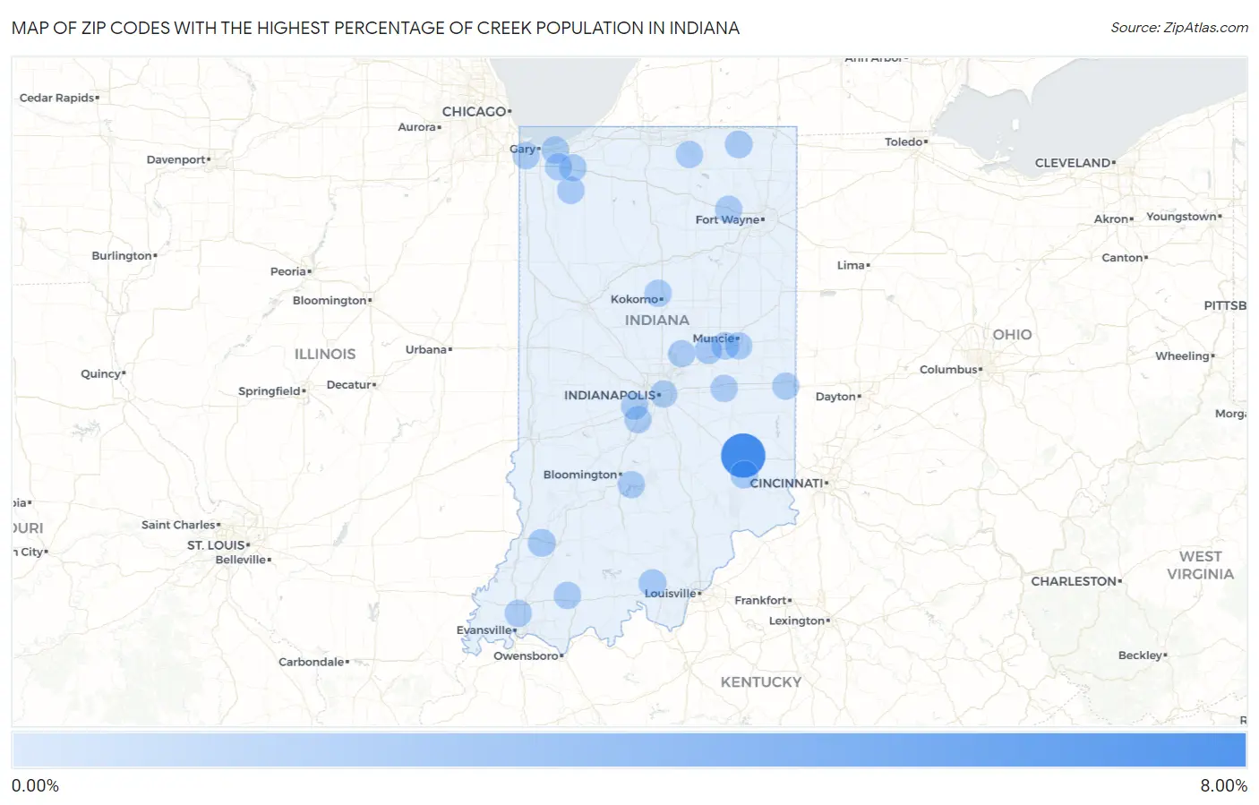 Zip Codes with the Highest Percentage of Creek Population in Indiana Map