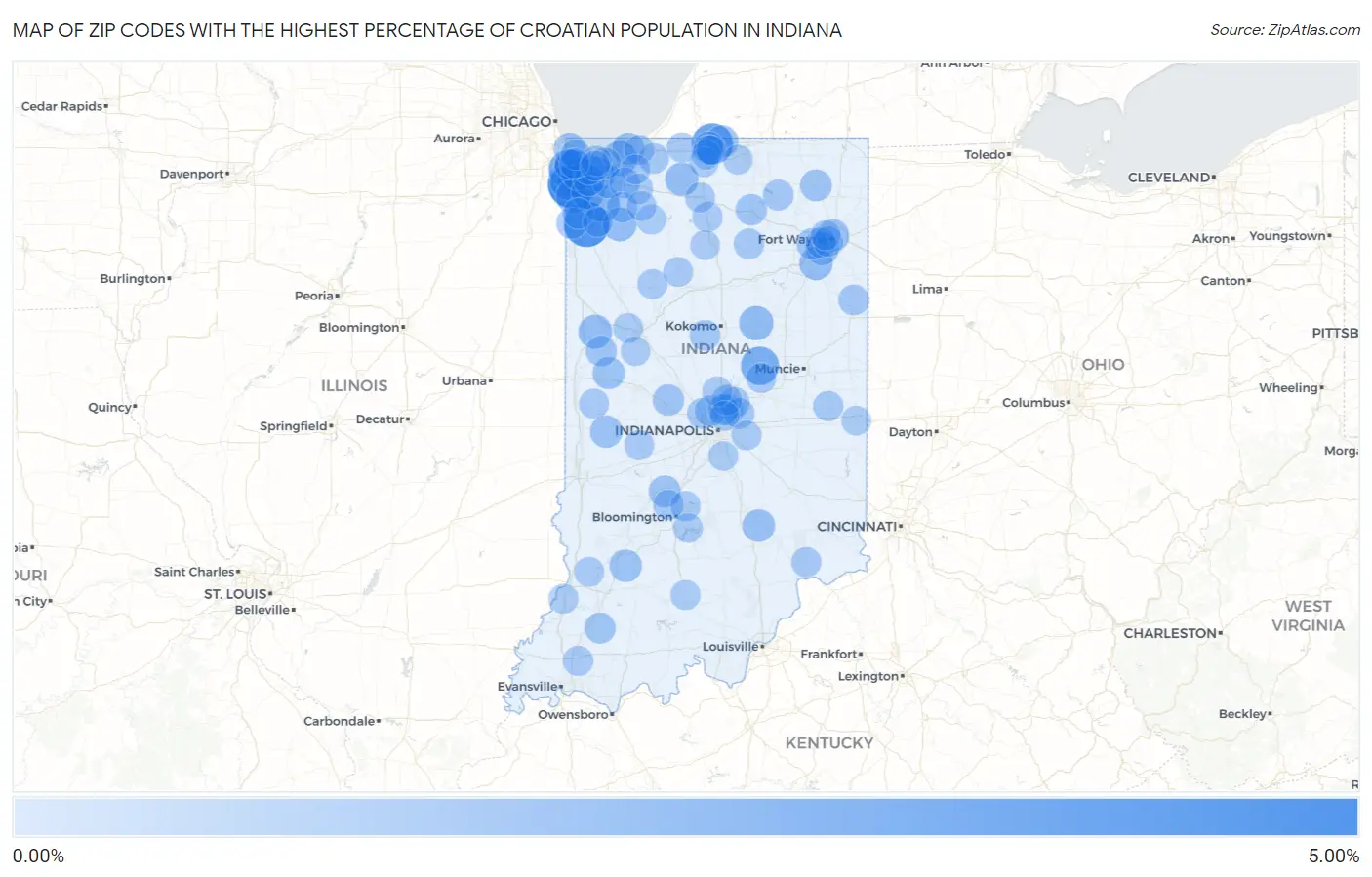 Zip Codes with the Highest Percentage of Croatian Population in Indiana Map