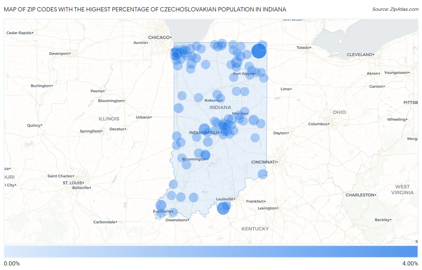Zip Codes with the Highest Percentage of Czechoslovakian Population in Indiana Map