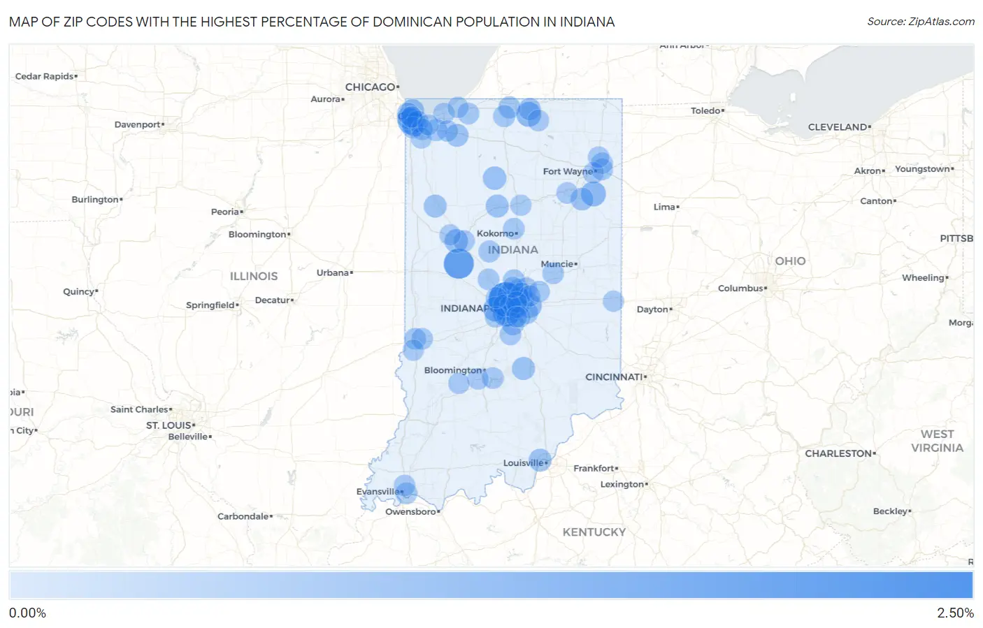 Zip Codes with the Highest Percentage of Dominican Population in Indiana Map