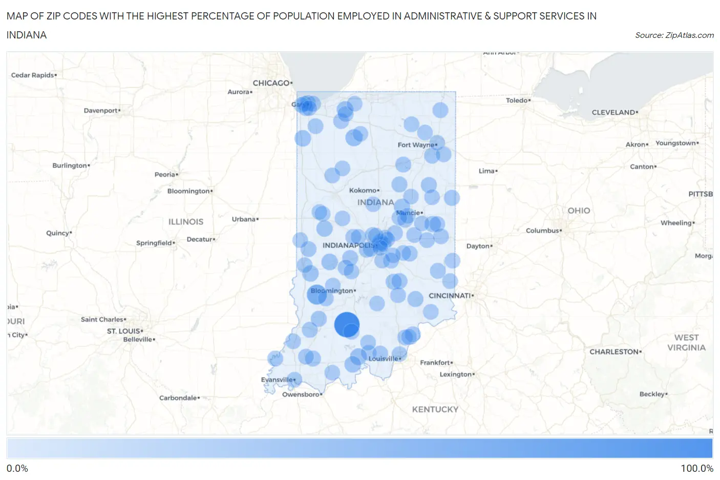 Zip Codes with the Highest Percentage of Population Employed in Administrative & Support Services in Indiana Map