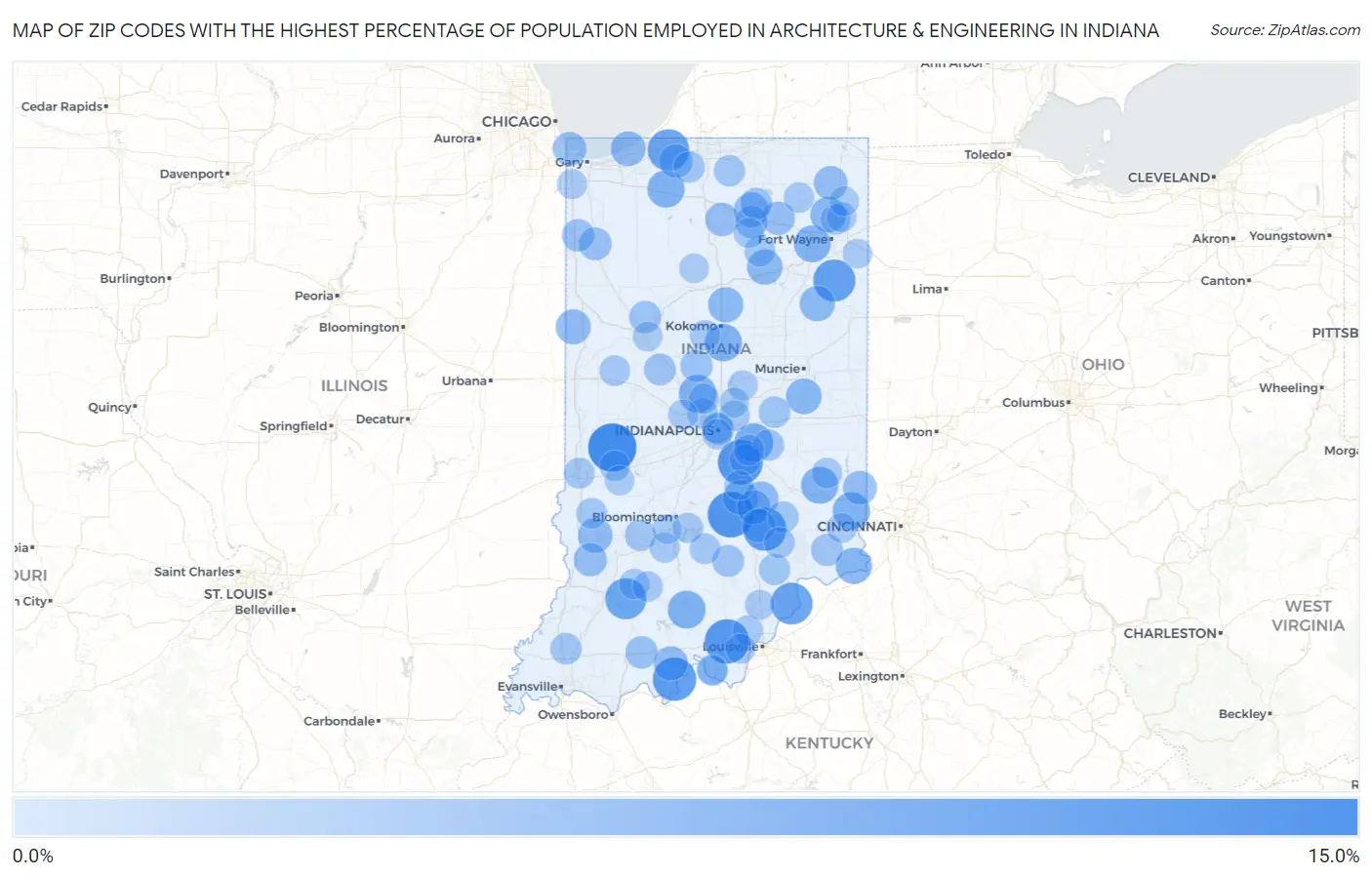Zip Codes with the Highest Percentage of Population Employed in Architecture & Engineering in Indiana Map
