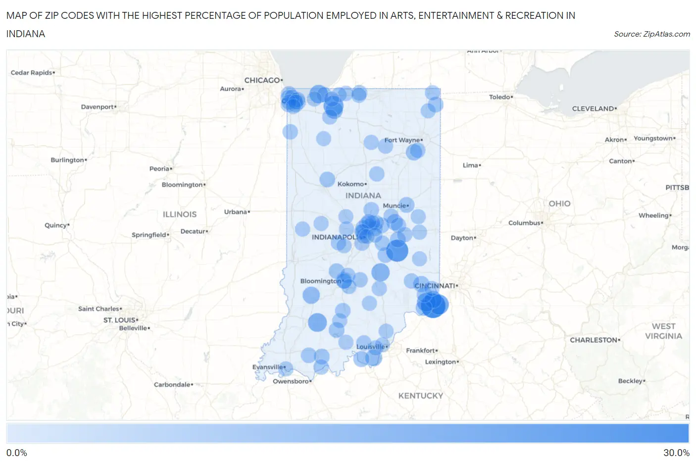 Zip Codes with the Highest Percentage of Population Employed in Arts, Entertainment & Recreation in Indiana Map