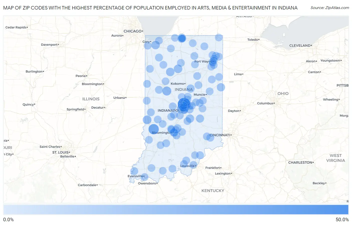 Zip Codes with the Highest Percentage of Population Employed in Arts, Media & Entertainment in Indiana Map
