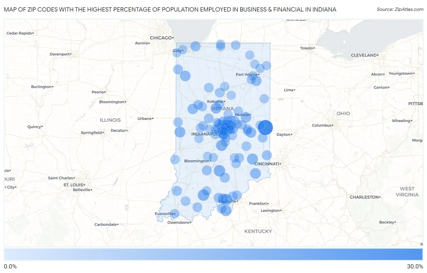 Zip Codes with the Highest Percentage of Population Employed in Business & Financial in Indiana Map