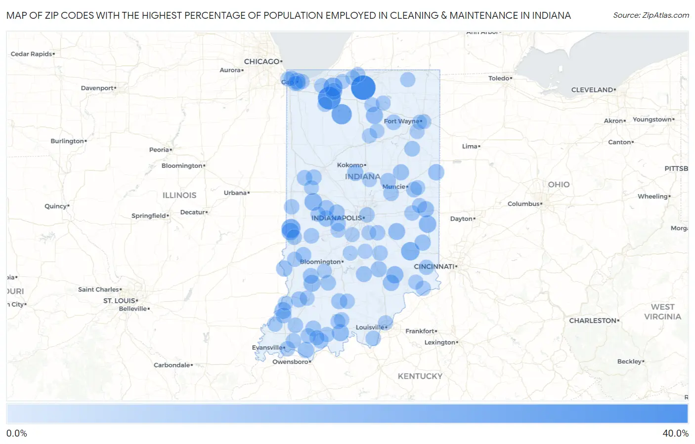 Zip Codes with the Highest Percentage of Population Employed in Cleaning & Maintenance in Indiana Map