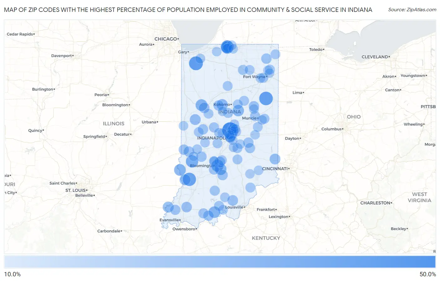 Zip Codes with the Highest Percentage of Population Employed in Community & Social Service  in Indiana Map