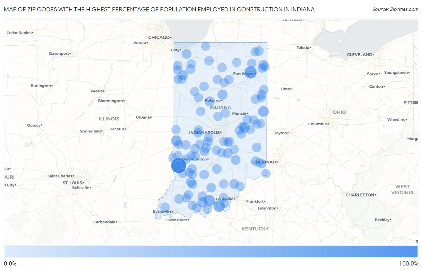 Zip Codes with the Highest Percentage of Population Employed in Construction in Indiana Map