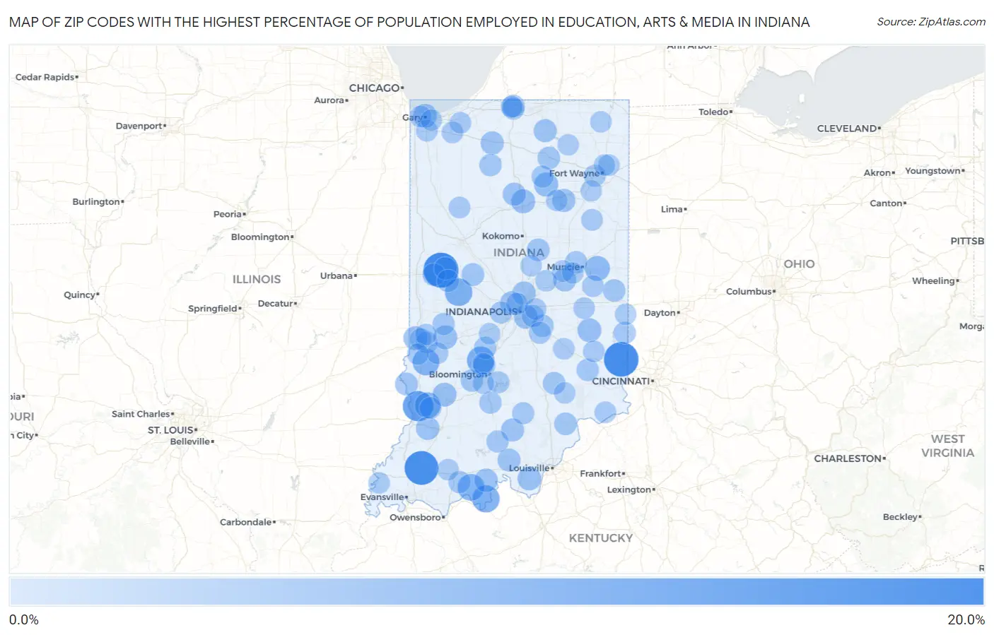 Zip Codes with the Highest Percentage of Population Employed in Education, Arts & Media in Indiana Map