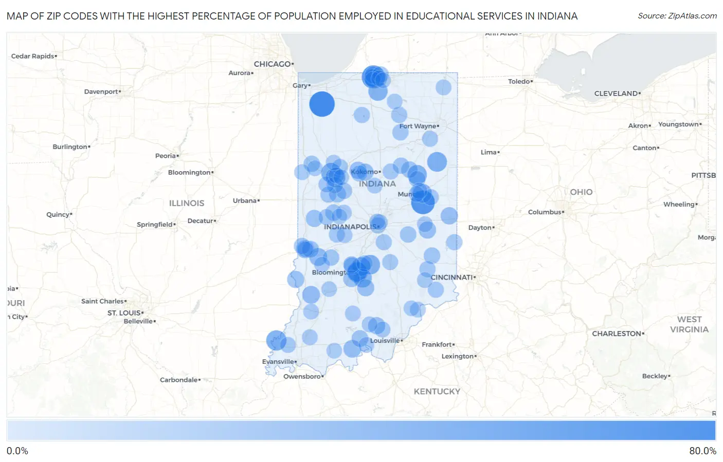Zip Codes with the Highest Percentage of Population Employed in Educational Services in Indiana Map