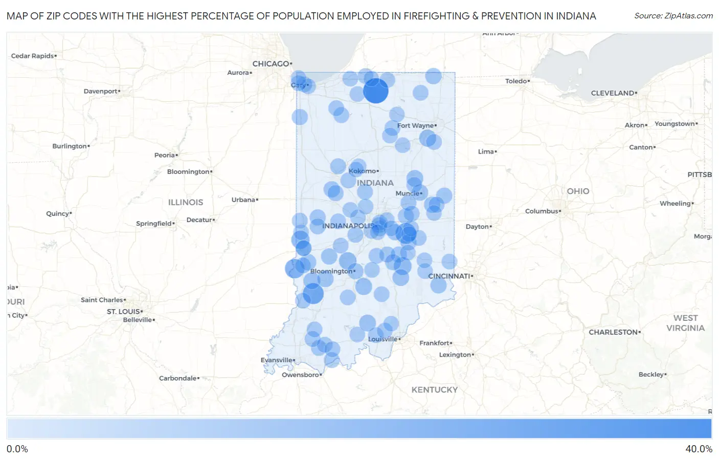 Zip Codes with the Highest Percentage of Population Employed in Firefighting & Prevention in Indiana Map