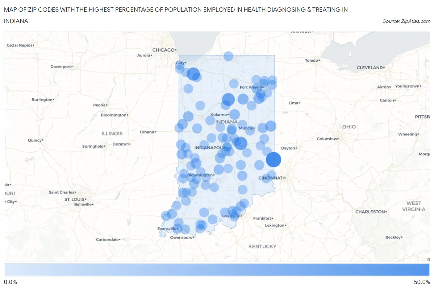 Zip Codes with the Highest Percentage of Population Employed in Health Diagnosing & Treating in Indiana Map