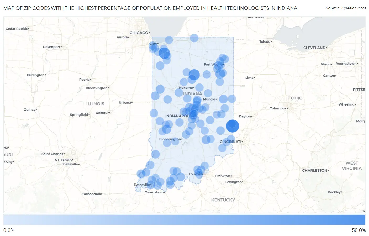 Zip Codes with the Highest Percentage of Population Employed in Health Technologists in Indiana Map
