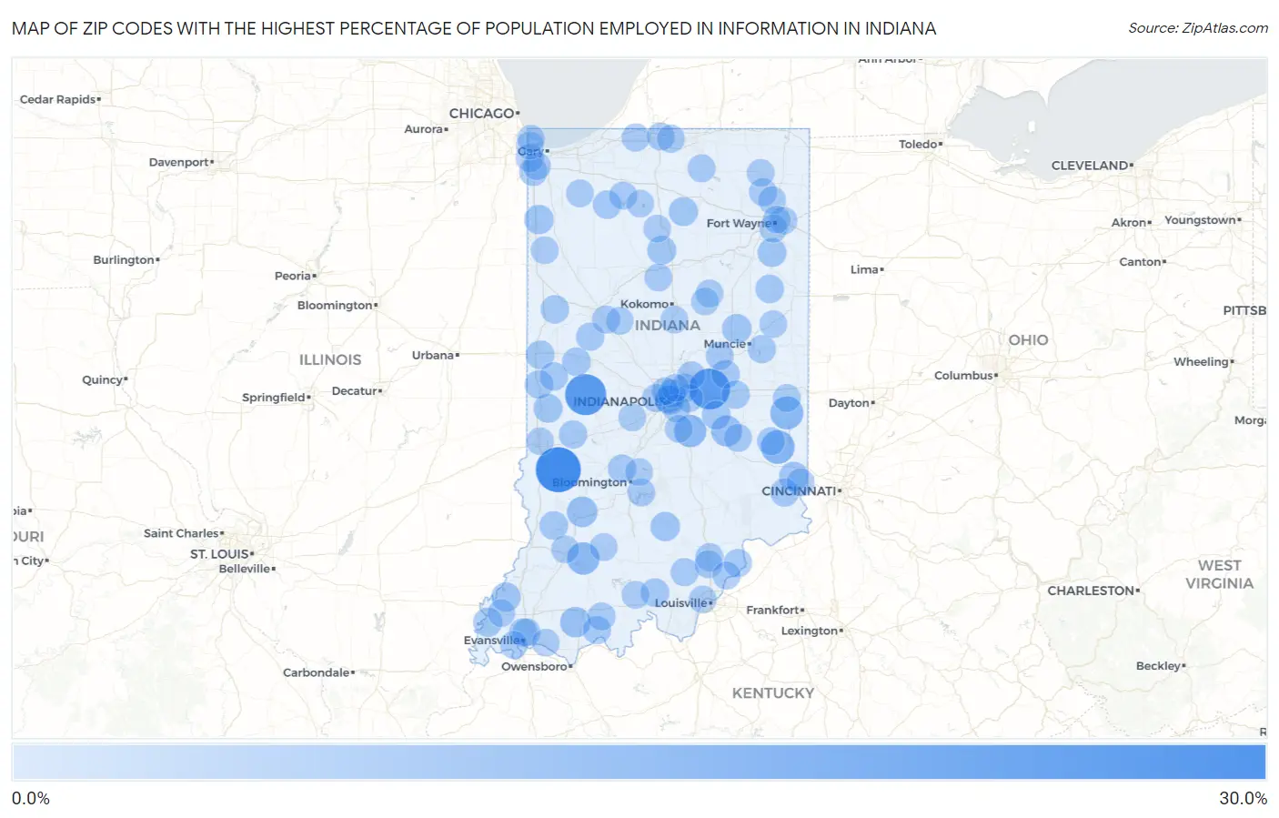 Zip Codes with the Highest Percentage of Population Employed in Information in Indiana Map
