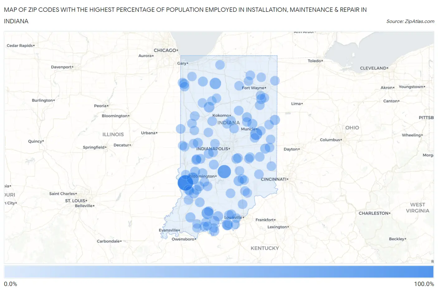 Zip Codes with the Highest Percentage of Population Employed in Installation, Maintenance & Repair in Indiana Map