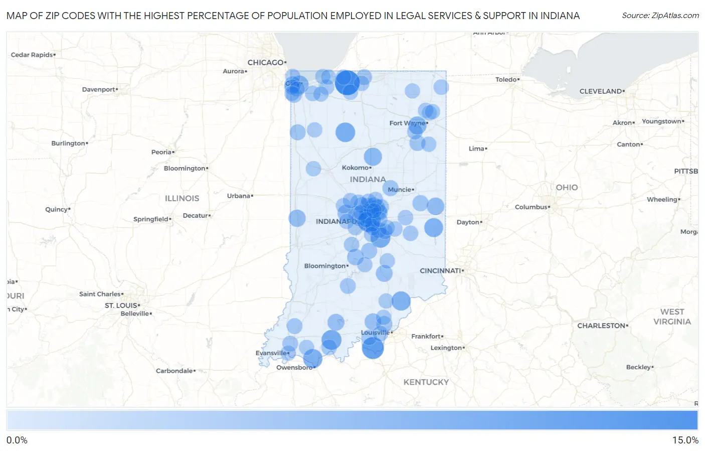 Zip Codes with the Highest Percentage of Population Employed in Legal Services & Support in Indiana Map