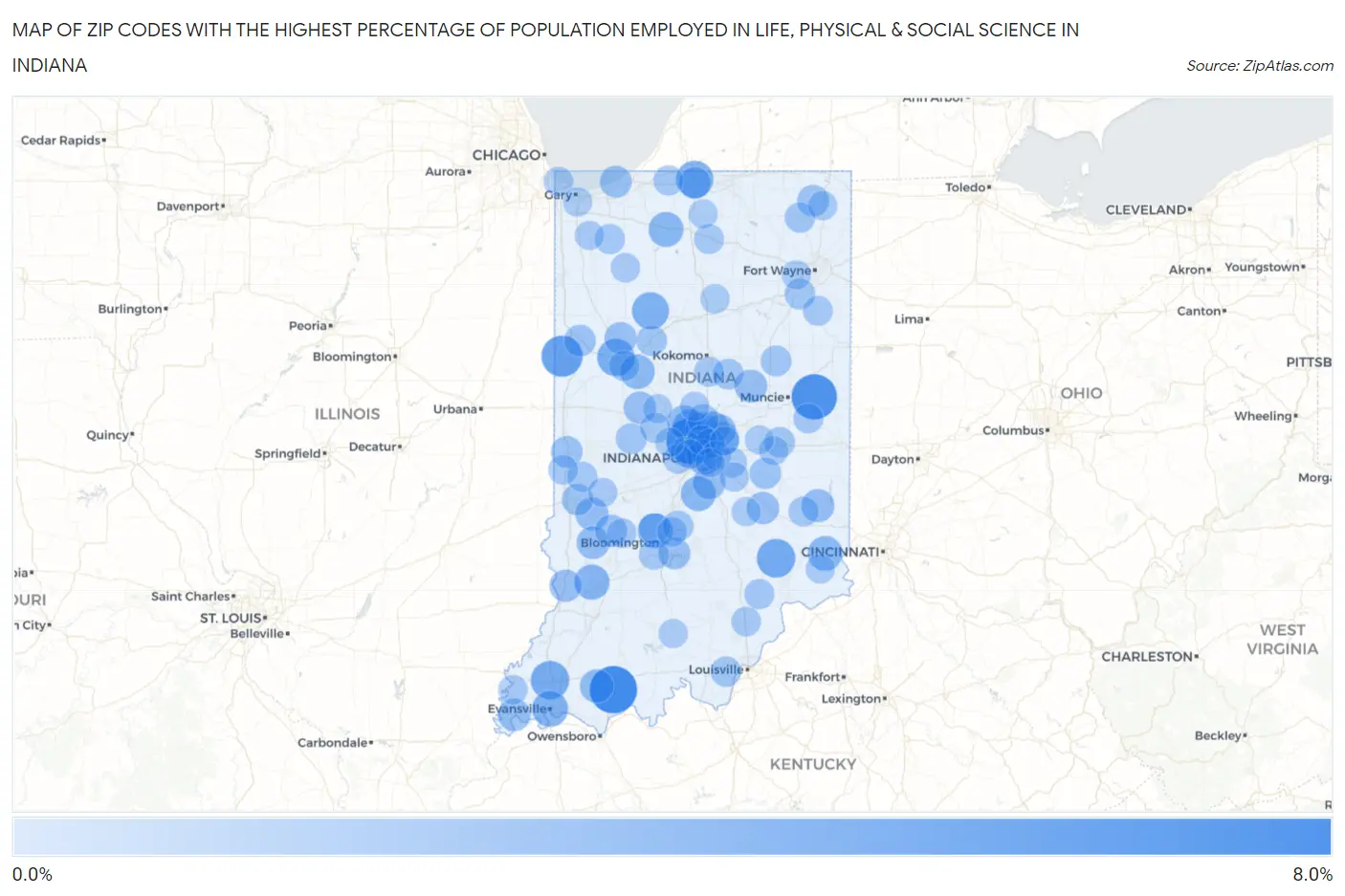 Zip Codes with the Highest Percentage of Population Employed in Life, Physical & Social Science in Indiana Map