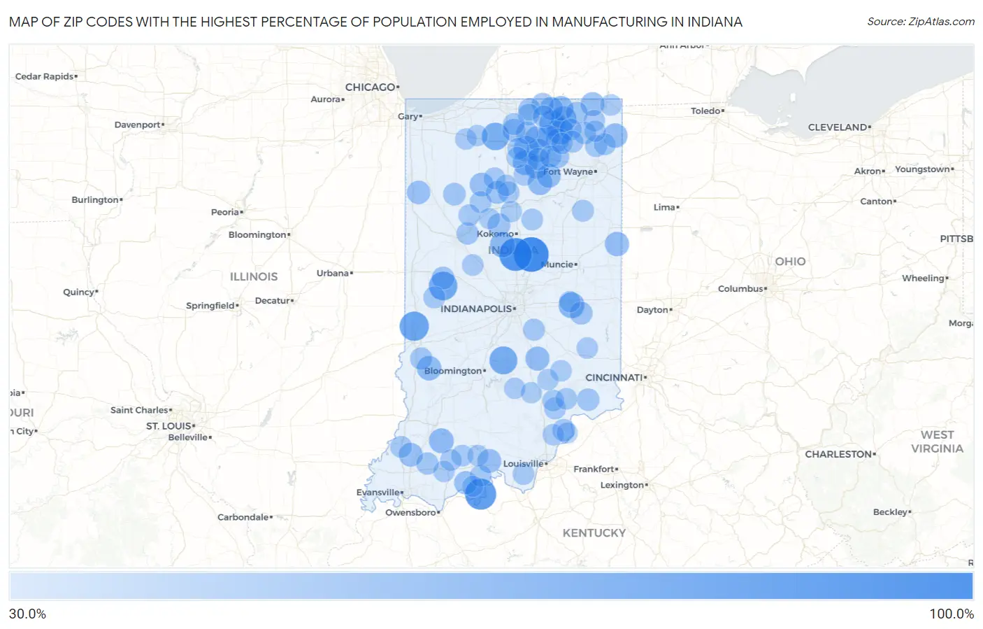 Zip Codes with the Highest Percentage of Population Employed in Manufacturing in Indiana Map
