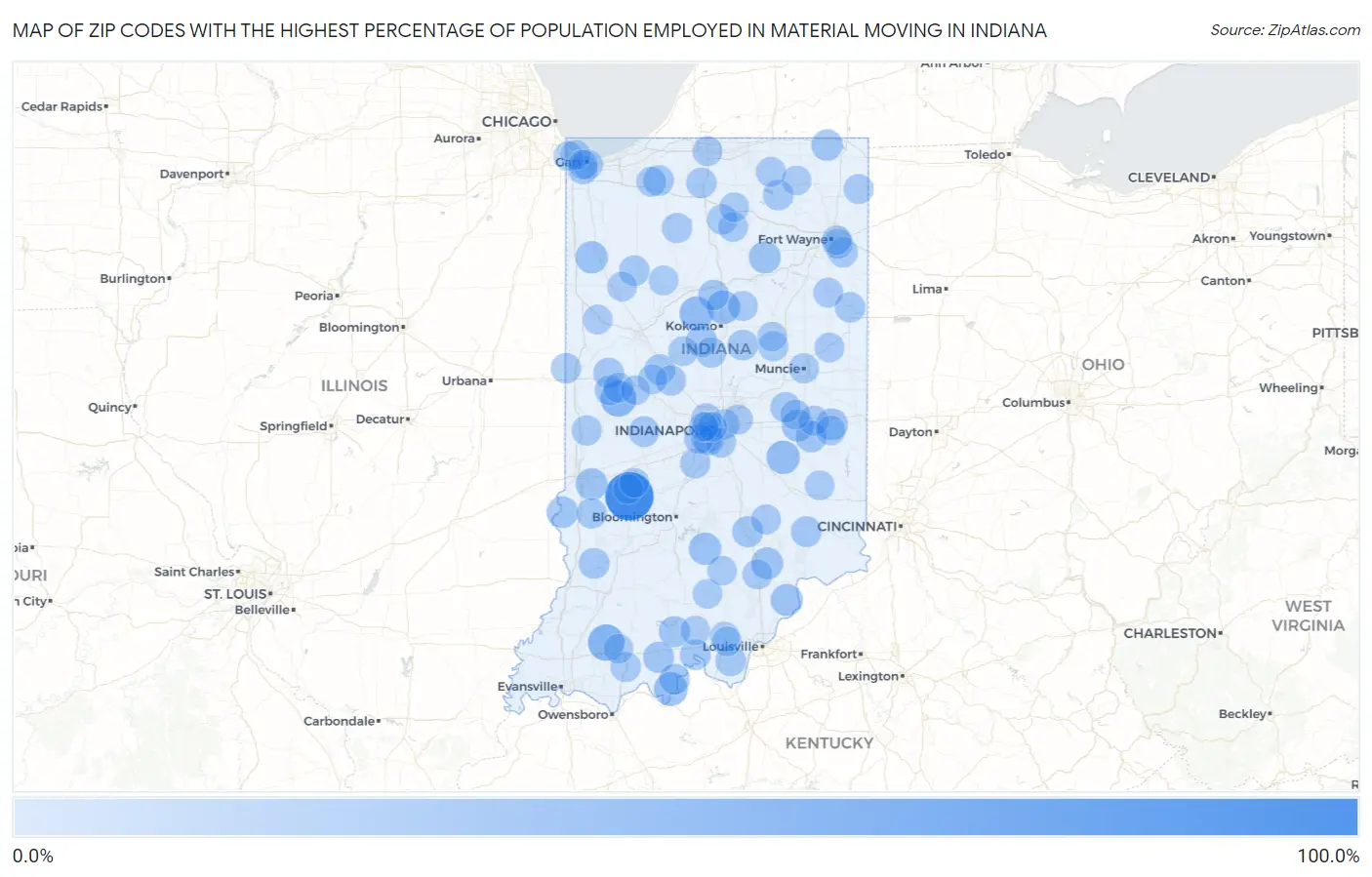 Zip Codes with the Highest Percentage of Population Employed in Material Moving in Indiana Map