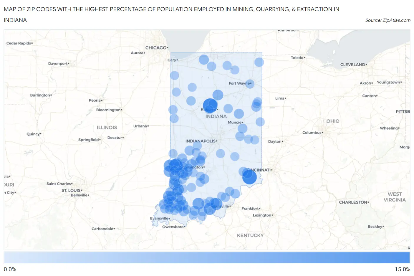Zip Codes with the Highest Percentage of Population Employed in Mining, Quarrying, & Extraction in Indiana Map